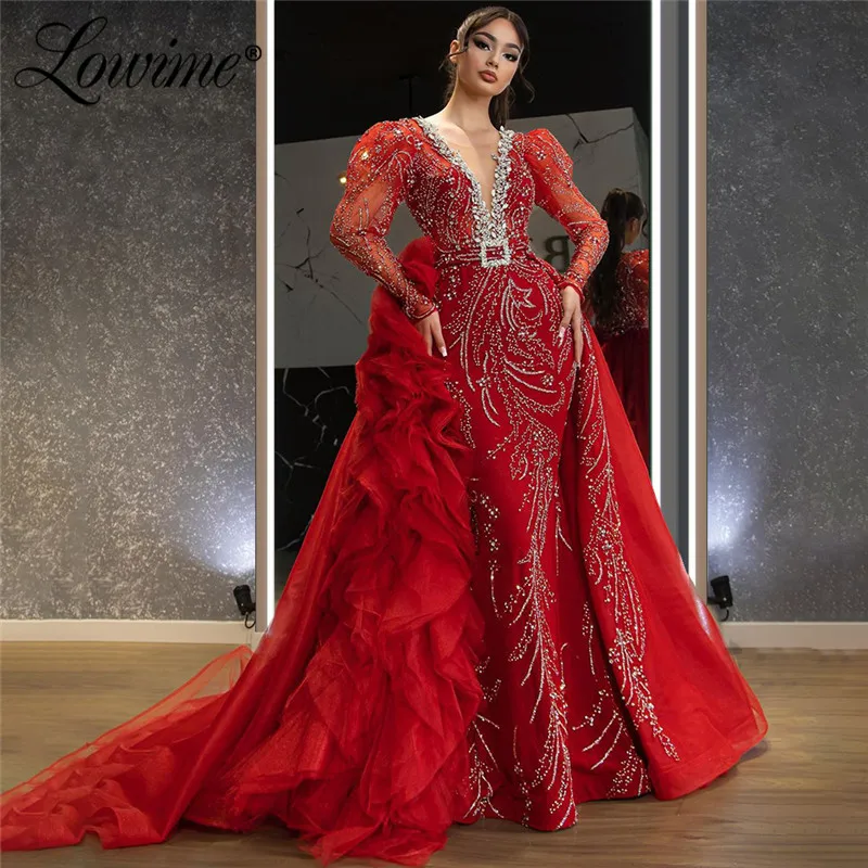 

Red Glitter Women Evening Dresses With Detachable Skirt Long Sleeves Dubai Arabic Party Kaftan Abaya Saudi Arabia Prom Dresses