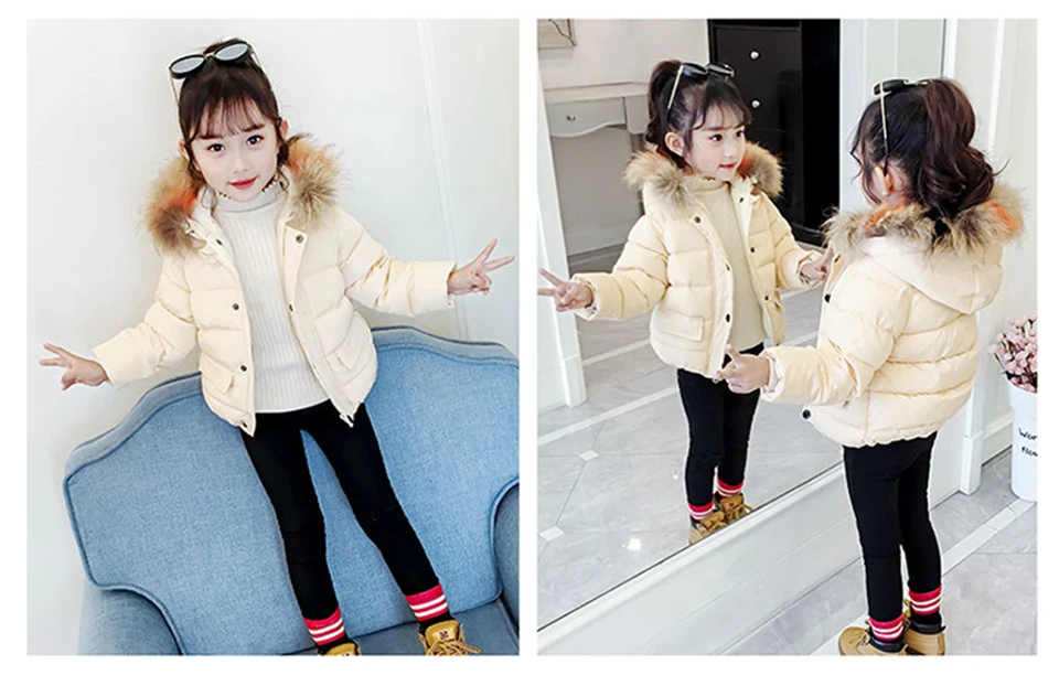 Winter Fashion Girls Big Fur Collar Down Jacket Cotton Boy Hooded Jacket Thickening Children's Warm Cotton Jacket 3-8 years old