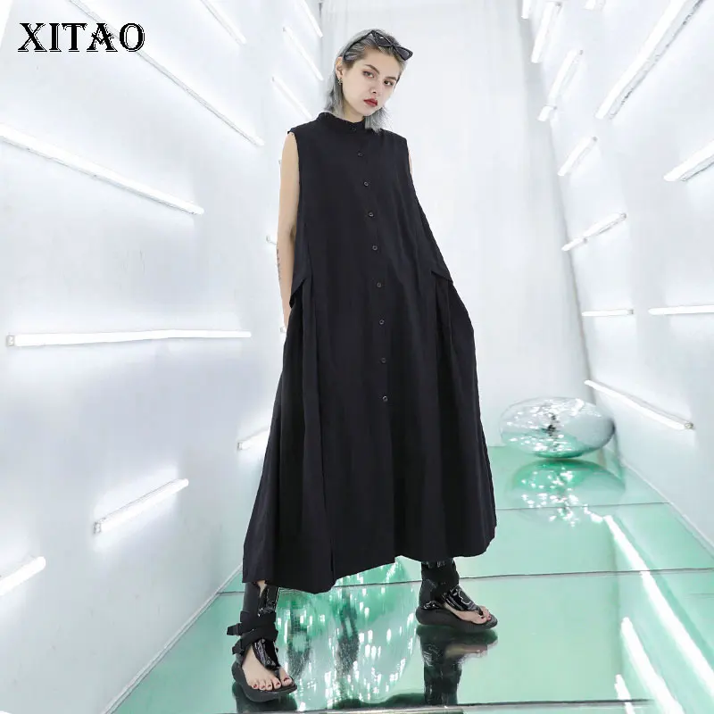 [XITAO] корейская мода, женское летнее свободное однотонное Плиссированное Повседневное платье до середины икры без рукавов с круглым вырезом и пуговицами ZLL3750