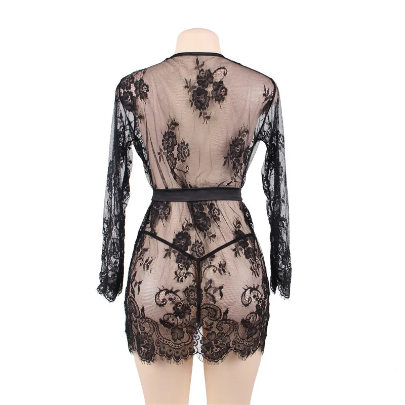 

Comeondear Lace Sexy Lingerie Nightwear Underwear Black Red Plus Size Robe Sets Nightwear Long Sleeves Sexy Nightwear RB80572