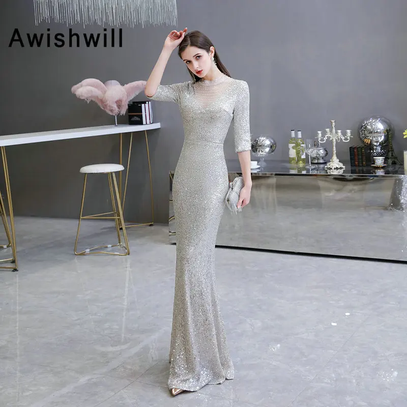 

Women Glitter Sequin Long Evening Dresses With 1/2 Sleeves Silver Formal Party Dress Mermaid Prom Dress Elegant Evening Gown