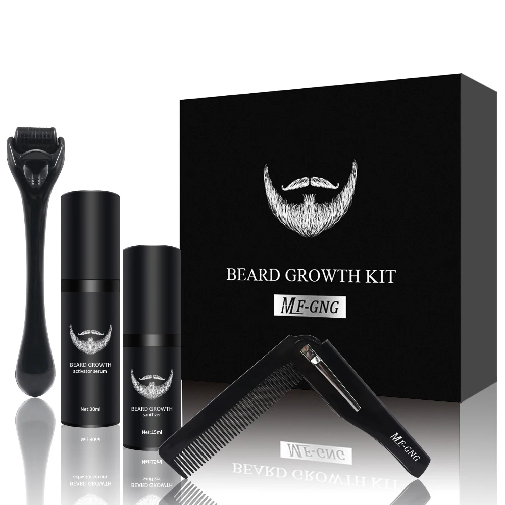 4 Pcs/set Barber Beard Growth Kit Professional Hair Enhancer Set Nourishing with Roller Massage Comb for Men | Красота и здоровье