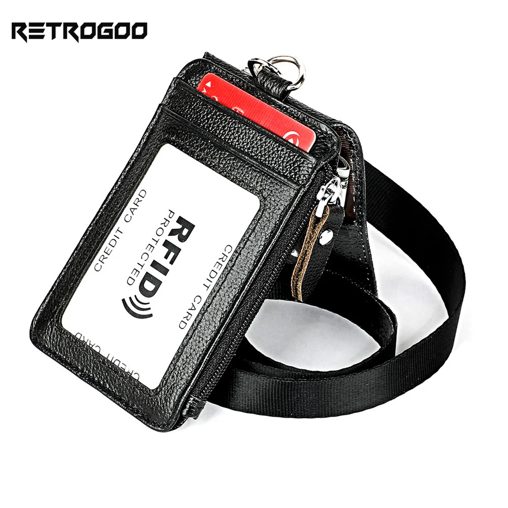 RETROGOO Genuine Leather Business Card Holder With Lanyard RFID Blocking Card Cover For Chest ID Card Holder Cow Leather Wallet