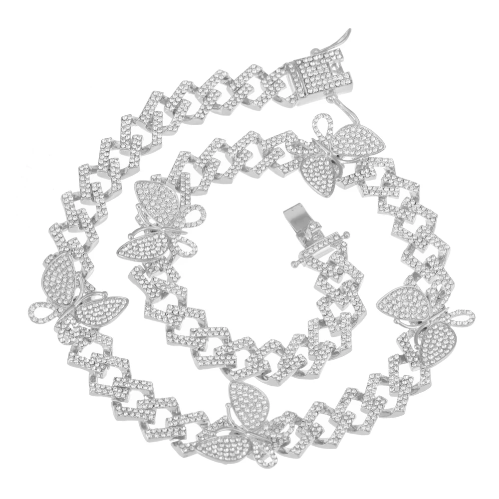 

16/18/20 inch Baguette Butterfly Necklace Stainless Steel for Women Miami Iced Out Cuban Link Chain Pendant Necklace Jewelry