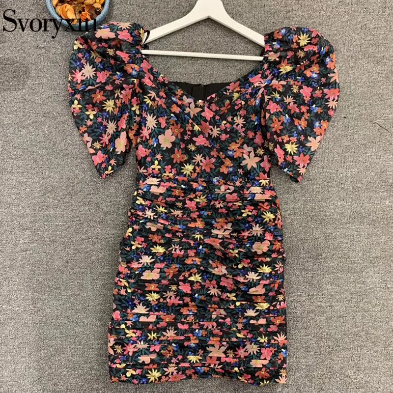Svoryxiu сексуальный V Воротник Ruched Bodycon Летние вечерние мини платья женские пышные с коротким рукавом цветочный принт посылка ягодицы платье