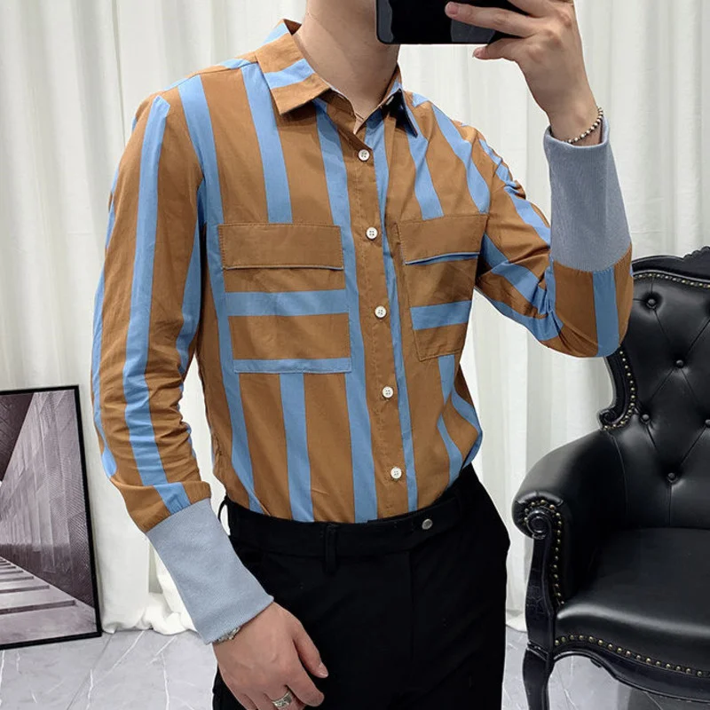 

Korean Slim Floral Shirt Personality Stripe Print Shirt Men Fashion 2021 Spring Casual Long Sleeve Night Club Men Social Shirt