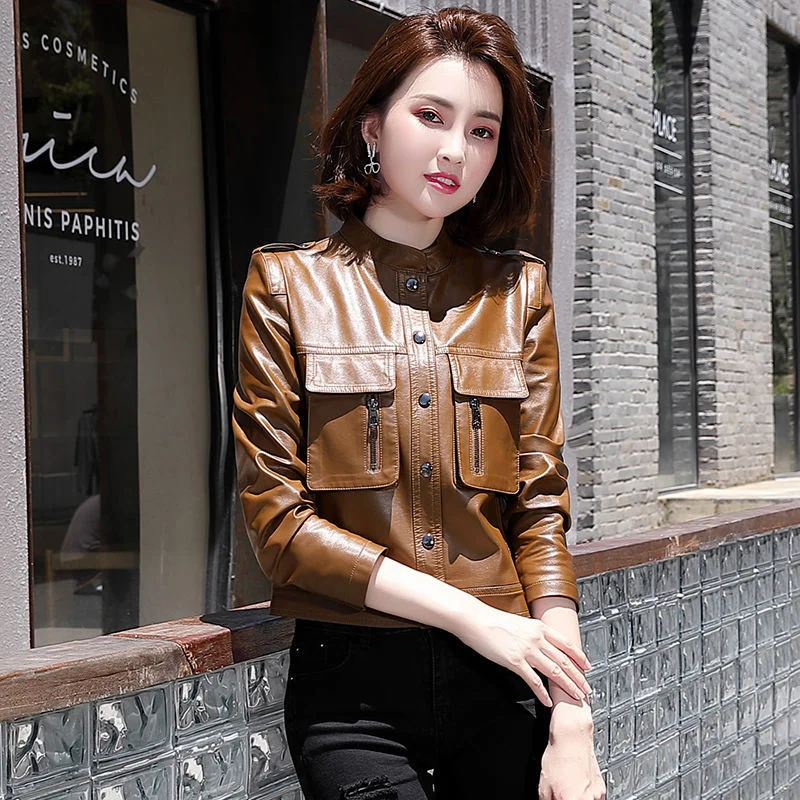 

Leather Real Jacket Women's Short 2021 Spring Clothes New Slim Locomotive Stand Collar Fashion Sheep Leather Coat