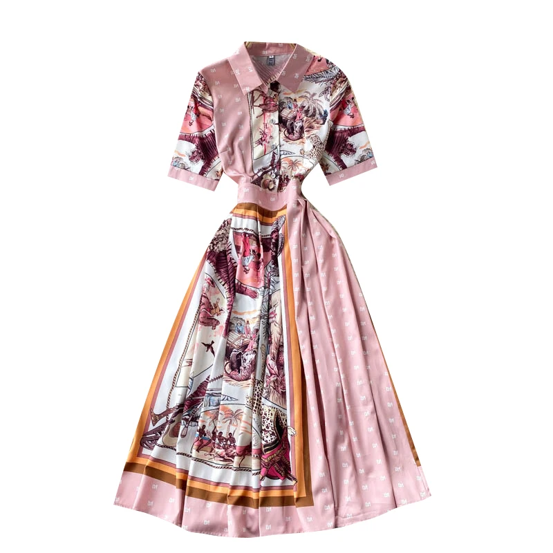 

2021 New European Women's Vestidos Temperament Lapel Buttoned Slim Color Matching Mididi Dress DK215
