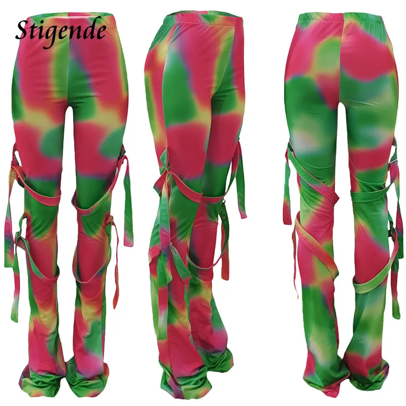 

Stigende Women Gradient Color Fashion Pants Streetwear Midi Waist Bandage Flare Pants Elastic Bell Bottom Trousers with Belt