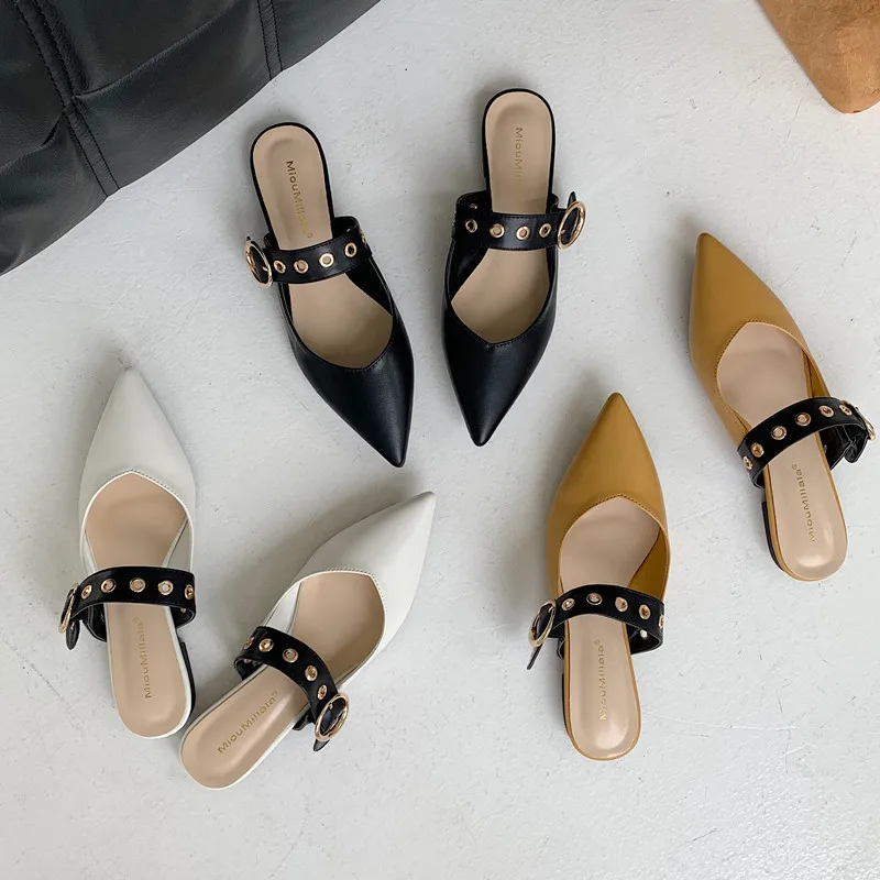 

2022 Women Mules Sexy Pointed-Toe Elegant flat shoes Ladies Slippers Slip on Leisure Design Ladies Office Shoes yellow Pumps