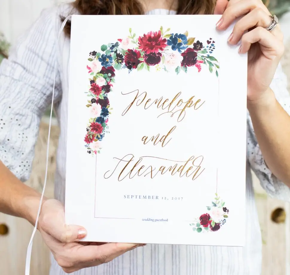 Персонализированная бордовая Свадебная книга для гостей Золотая фольга и