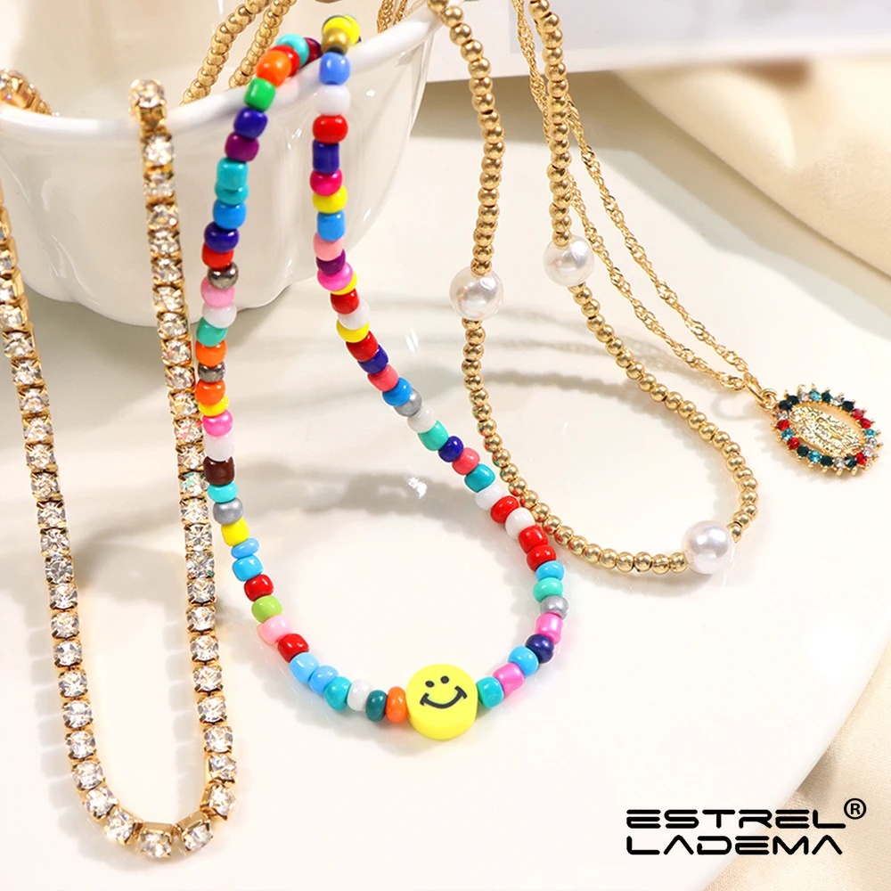

4 Pcs/lot Rainbow Sunflower Pendant Smile Face Beaded Choker For Women Metal Beads Imitation Pearl Crystal Necklace Boho Jewelry