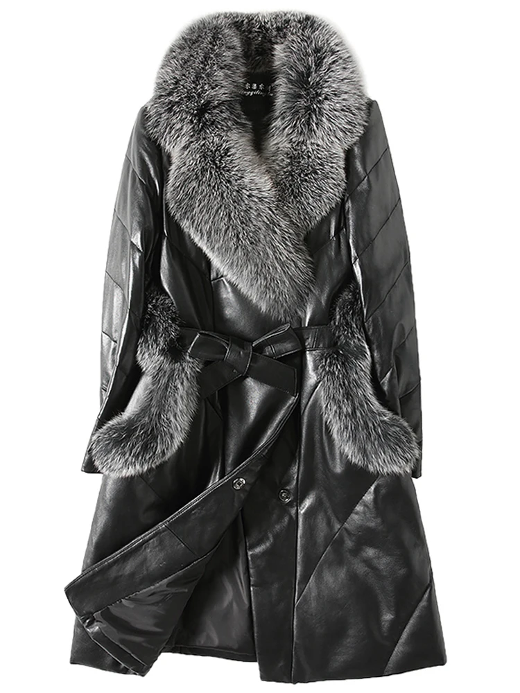 

genuine women's long winter sheepskin jacket, leather coat with fox fur collar, duck down jackets