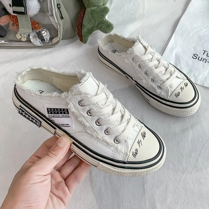 

Женские холщовые полутапочки, Вулканизированная плоская подошва, без каблука, Нескользящие, на шнуровке, белые, весна-лето 2021