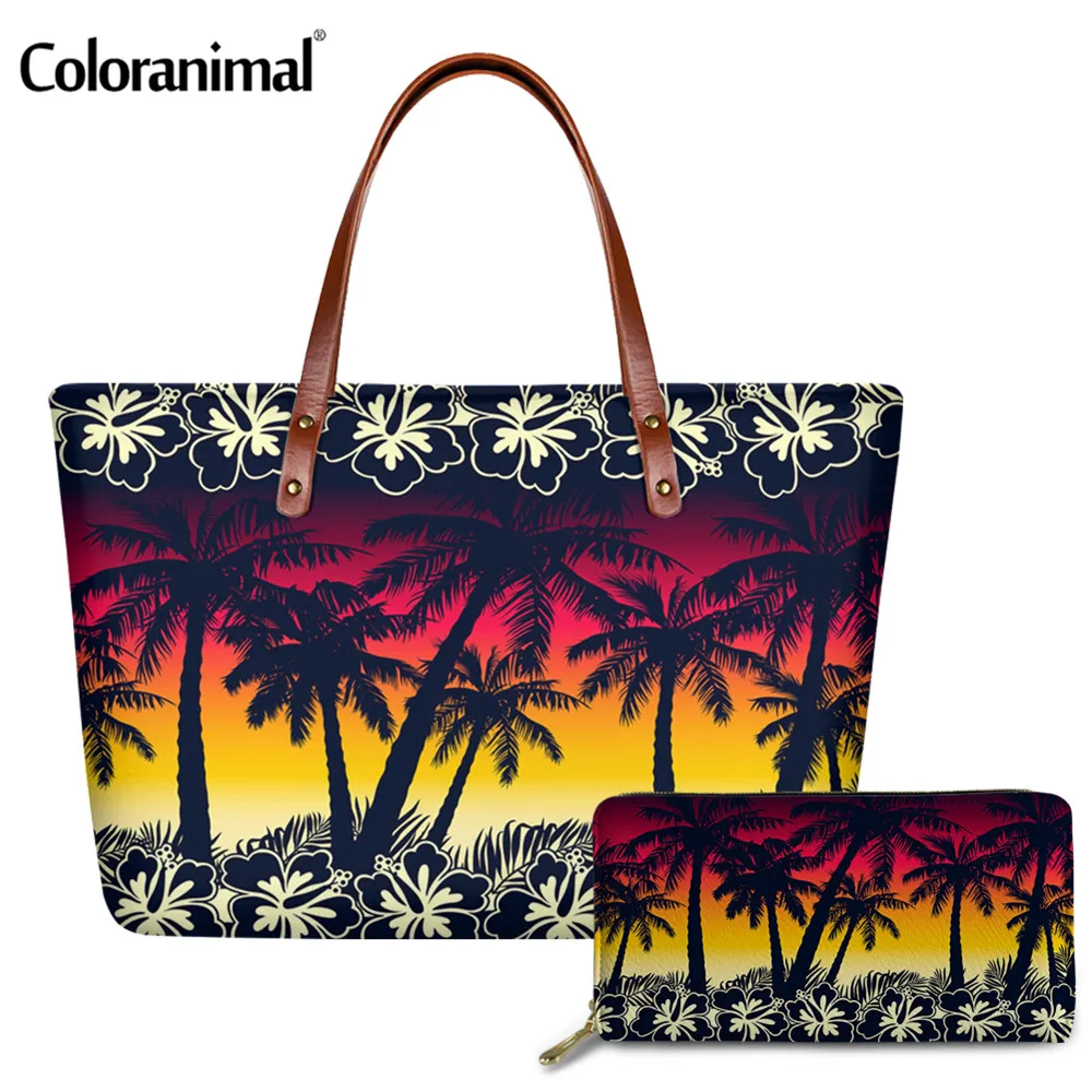 

Coloranimal Pretty Tropical Frangipani Palms With Hibiscus Printed Tote Shoulder Bag for Ladies Large Crossbody Bag 2Pcs/Set