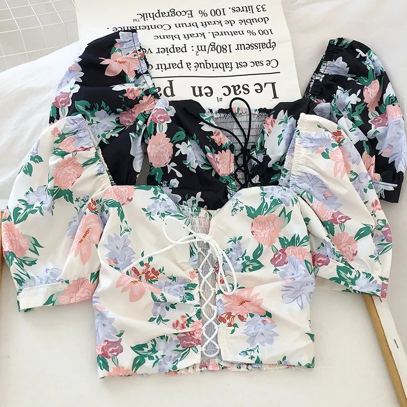 

Women's Fashion Floral Print V Neck Exposed Navel Sexy Sweet Short Sleeve Chiffon Shirt Blouse
