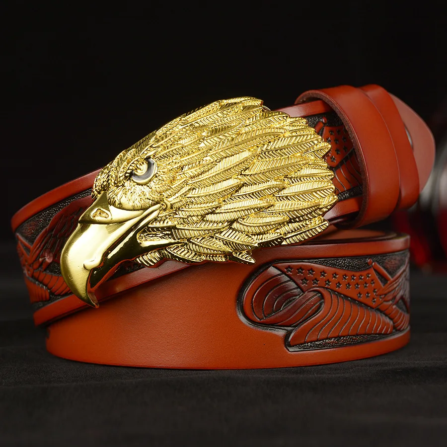 Western denim men's belt leather casual eagle head really leather pants belt gift personality eagle belt