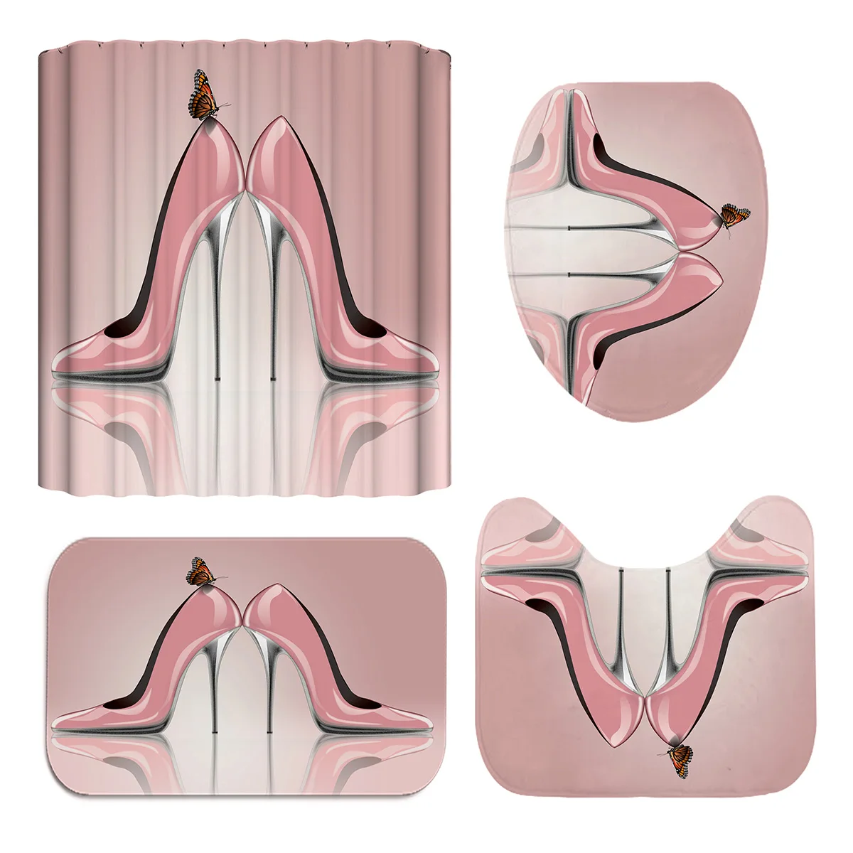 

High Pink Heels Waterproof Bathroom Shower Curtain Toilet Cover Bath Mat Non-Slip Rug Set Bathroom Accessories with 12 Hook