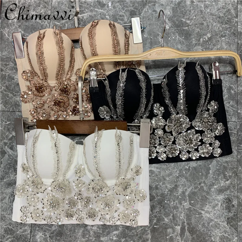 

New Sexy Exquisite Flowers Sequined Thin Strap Slim Short Camisole Women Sweet Bottoming Tank Top Fashion