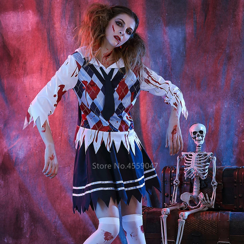 Halloween Women Schoolgirl Cosplay Costume Skirt Set Masquerade Scary Gothic Zombie Vampire Bloody Broken Student Uniform Outfit