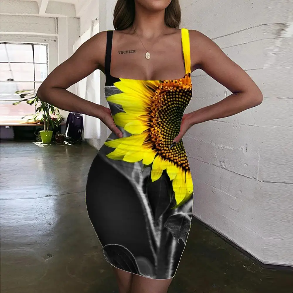

Giyu Sunflower Dresses Women Flower 3d Print Novel Halter Sleeveless Womens Clothing Summer Beach Beach Fashion