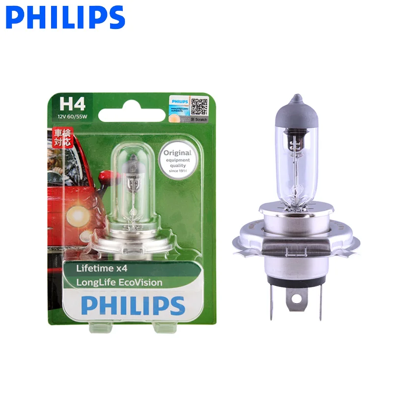 Автомобильная галогенная лампа Philips H4 9003 12 В 60/55 Вт LongLife Eco Vision 3000h долговечная ECE