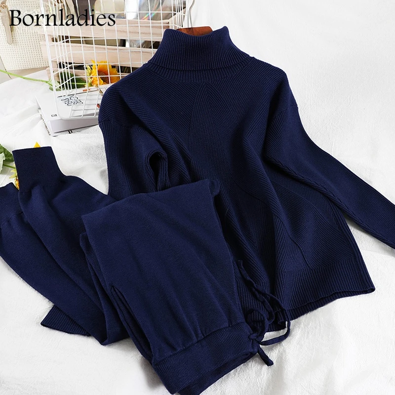 

Bornladies 2021 Autumn Winter Ladies 2 Pieces Set Turtleneck Pullovers Sweaters & Lace-up Skinny Pants Casual Women Knitted Sets