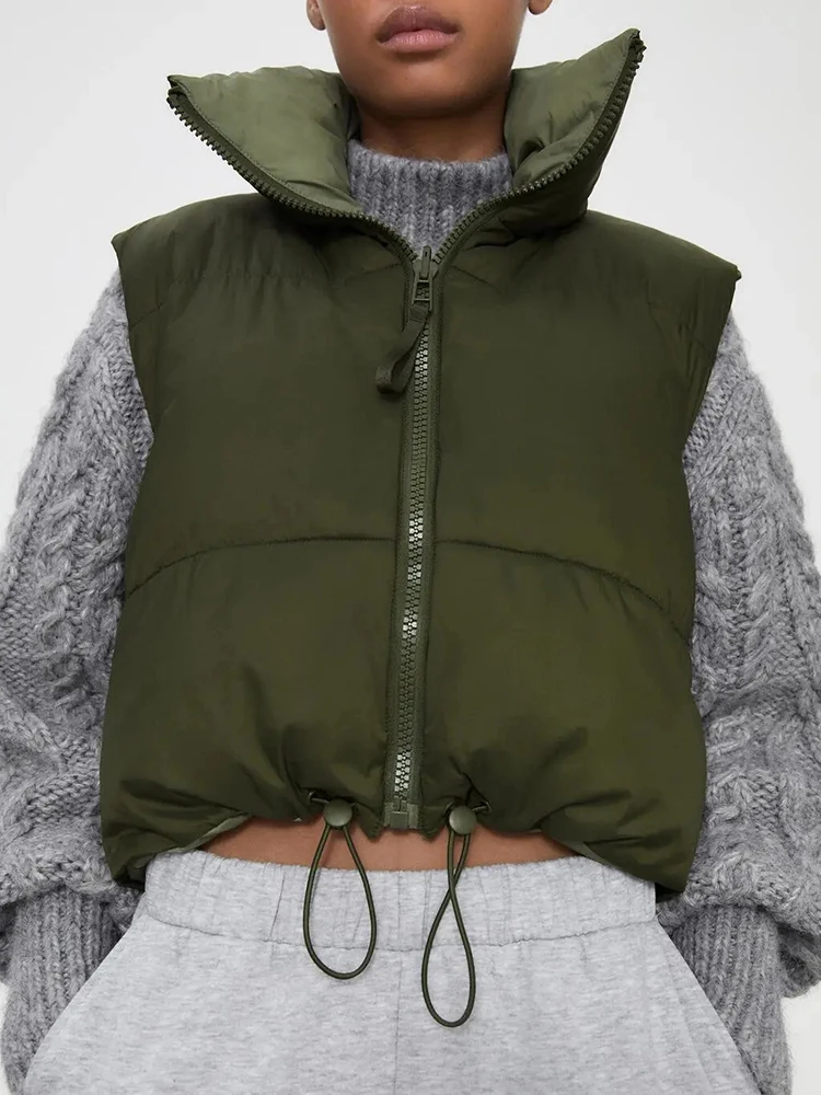 

Autumn Winter Women Chic Green Pleated Double Wear Vest Jacket Female Fashion Zipper Sleeveless Coat Girls Casual Streetwear