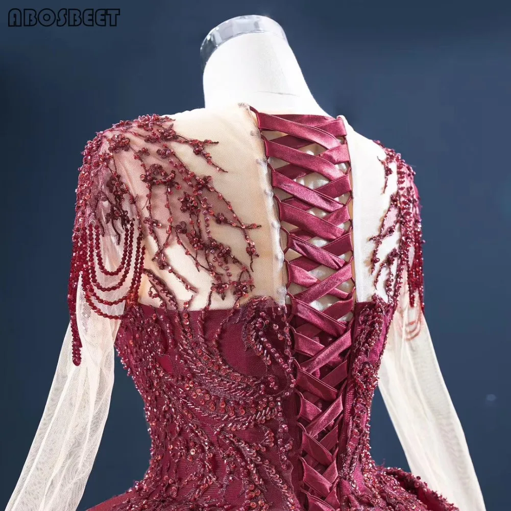 

Ball Gown Prom Dress Long Sleeve with Train Luxury Beads Burgundy Blue Pink Elegant Long Formal Evening Gown Prom Party Dresses