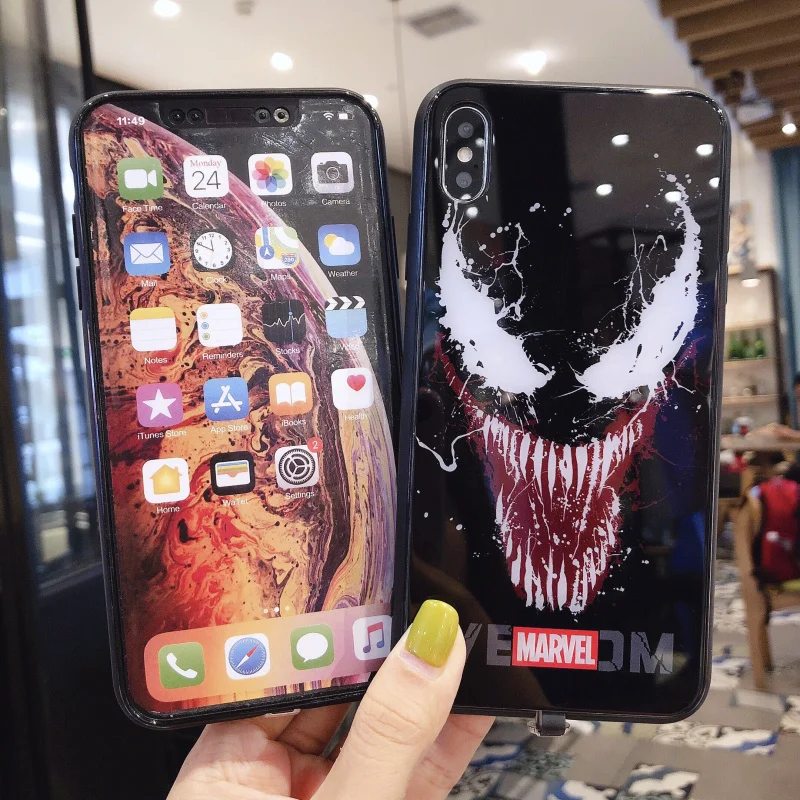 venom чехол из закаленного стекла для телефона для iPhone 6S 7 8PLUS XS MAX светодиодный роскошный стеклянный чехол для телефона