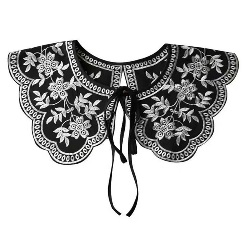 

28TF Ethnic Style Women Scalloped Trim Fake Collar Detachable Shawl Scarf Embroidery Floral Necklace Lace-Up Mini Capelet