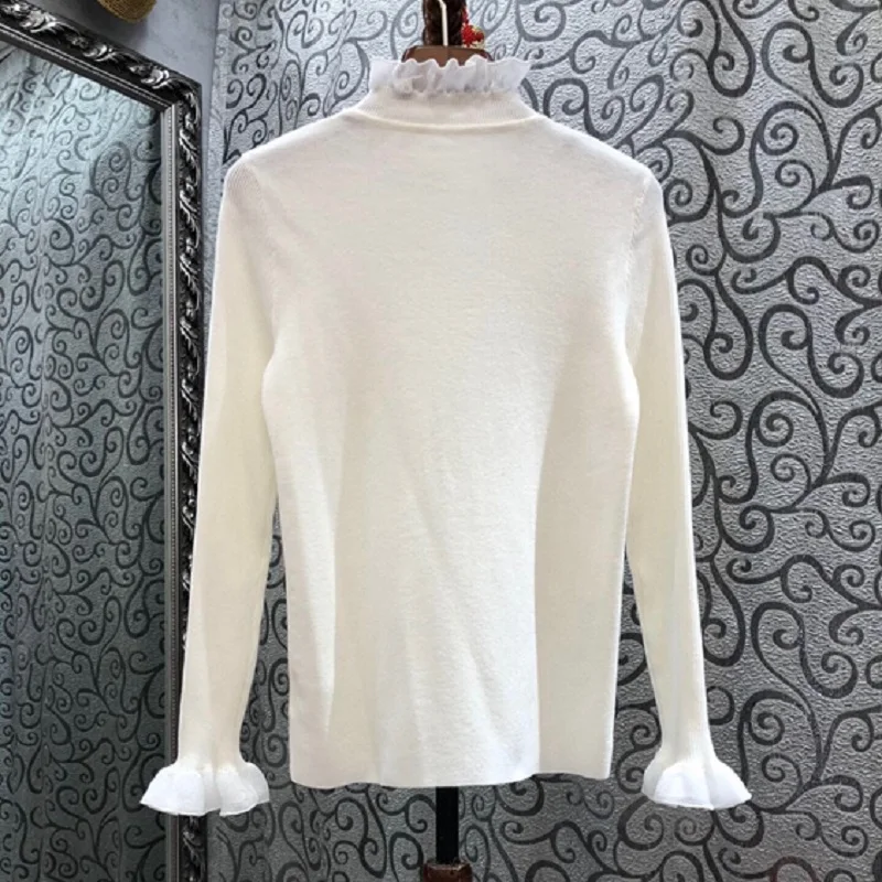 

New Korean Fashion Sweaters 2020 Autumn Ladies Ruffled Collar Crystal Beading Bow Deco Long Sleeve Casual White Tops Pullovers