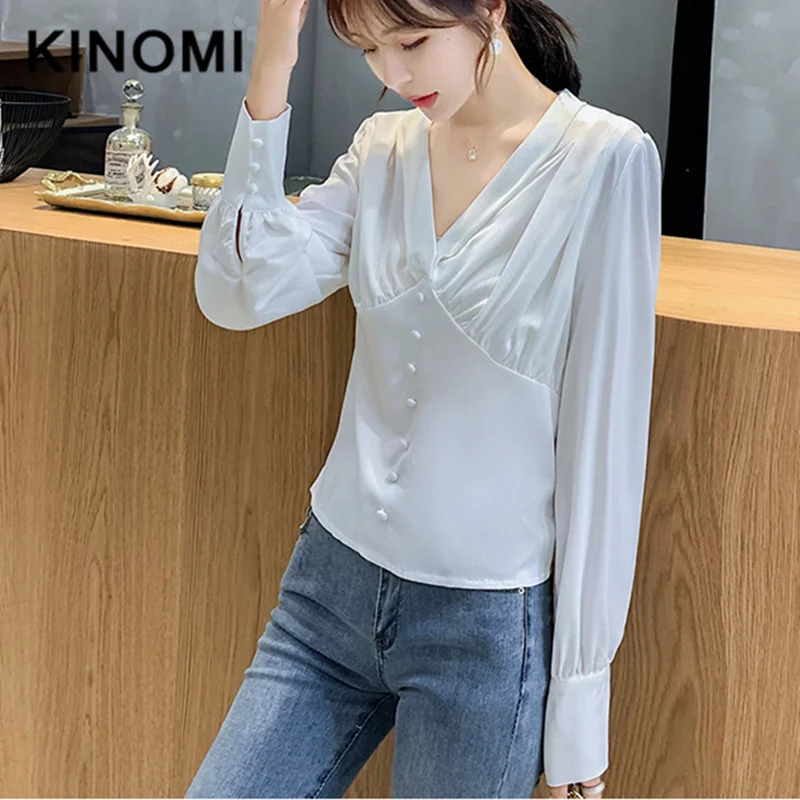 KINOMI 2019 New Autumn Long Sleeve Elegant Short Blouse Female V-Neck OL Style Women Fashion Blouses Shirts Office Lady White |