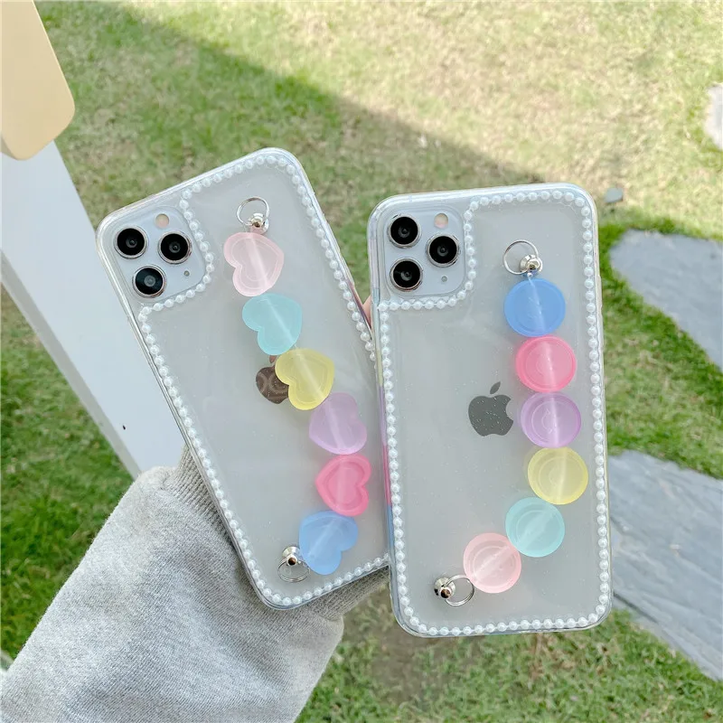 

Чехол для телефона с жемчужной рамкой для iphone 12 11 pro max mini SE 2020 7 8 plus X XR XS MAX, милый прозрачный мягкий чехол с сердечками и карамельными ремешкам...