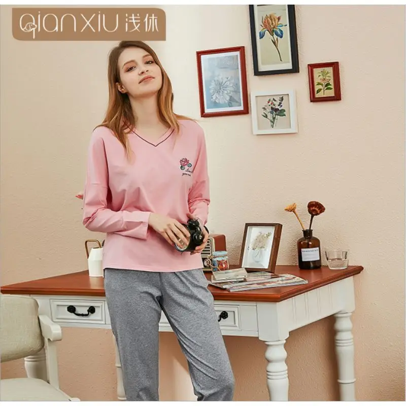 Pink Осень, женские повседневные пижамные комплекты, женская футболка с длинным рукавом и v-образным вырезом+ штаны, Женский хлопковый пижамный комплект - Цвет: Pink