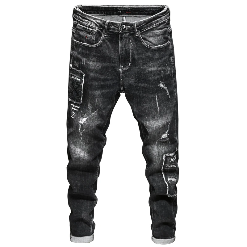 

SHAN BAO 2021 autumn and winter trend brand thick cotton jeans personality classic style embroidery patch men's slim jeans