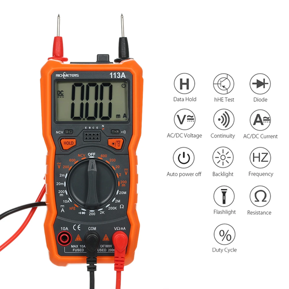 RICHMETERS NCV Цифровой мультиметр 2000 отсчетов HFE AC/DC измеритель напряжения вспышка светильник задний светильник большой экран RM113A мультиметры