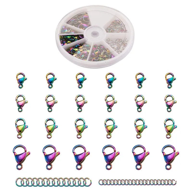 

60pcs/box 304 Stainless Steel Lobster Clasps Vacuum Plating Jump Rings Multi-color for Jewelry Making DIY Handmade Supplies
