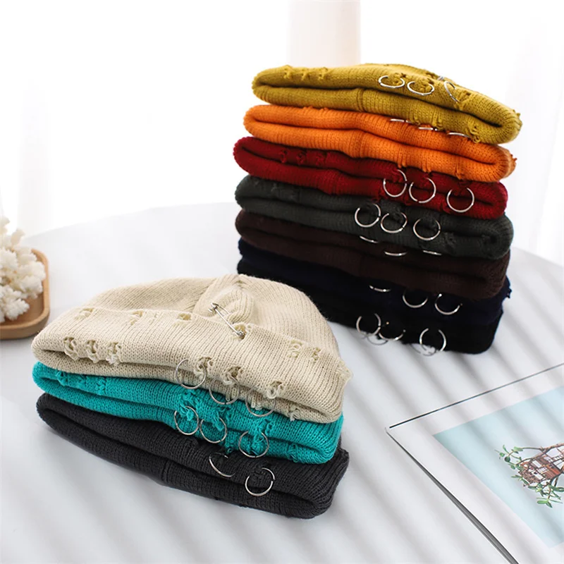 

Winter New Harajuku Beanies Knitted Hat Women Fashion Warm Thick Gorro Men Hip Hop Pin Hole Skullcap Short Hat Unisex Basic Cap