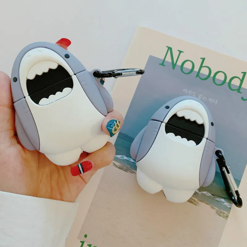 

Cute Case for AirPods 1 2 Silicone Bluetooth Earphone Case for Airpods pro Cartoon Protective Cover Stereoscopic Shark +Keychain