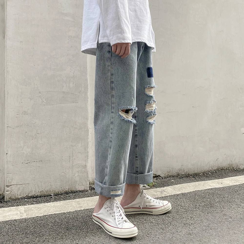 

Fashion Streetwear Korean Men's Jeans 2021 Summer Vintage Blue Destroyed Ripped Jeans Broken Punk Pants Homme Hip Hop Jeans Men