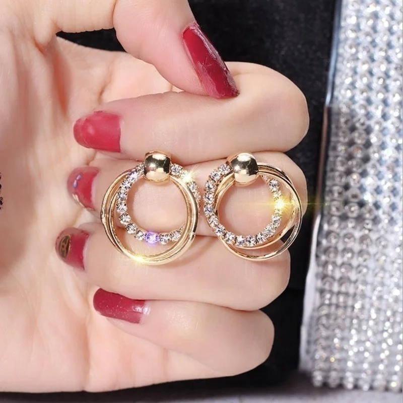 

New Bohemian Crystal Inlaid Pendant Earrings Women's Earrings Fashion Metal Three-Tier Round Earrings Accessories Party Jewelry
