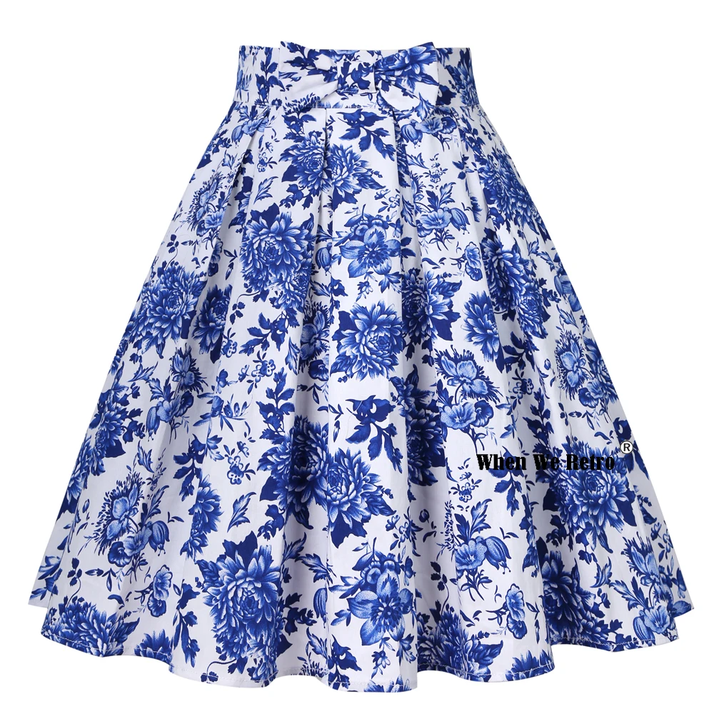 

Женская винтажная юбка с карманами, хлопковая Плиссированная Юбка-миди с цветочным принтом, синяя, белая, 2022