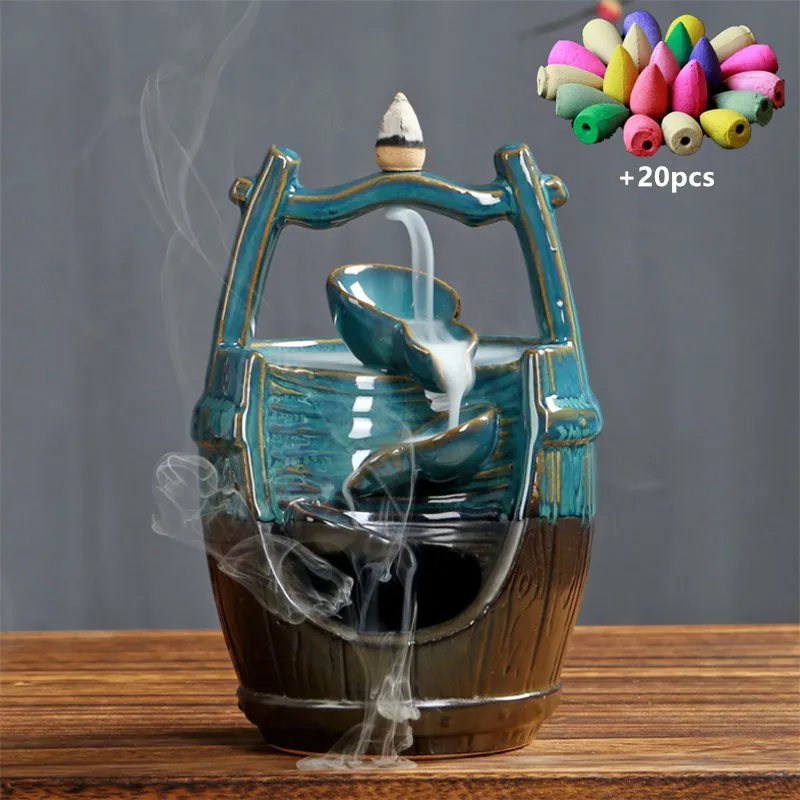 Ceramic Handicraft Ornaments Waterfall Backflow Incense Burner Home Office Decor Incense Censer Holder+20pcs Incense Cones