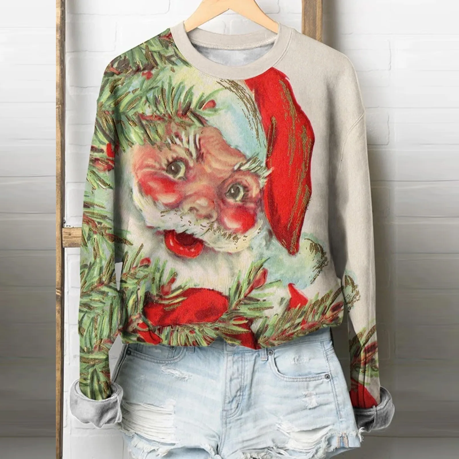 

Женский Рождественский топ, милые свитшоты с принтом, водолазка с длинным рукавом, повседневный свитшот с круглым вырезом, свободные удобны...