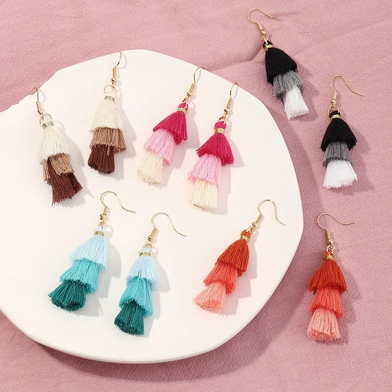 

Bohemian Tassel Long Drop Earrings Colorful Cotton Silk Fabric Fringe Earrings 2021 Fashion Woman Ethnic Vintage Earring Jewelry
