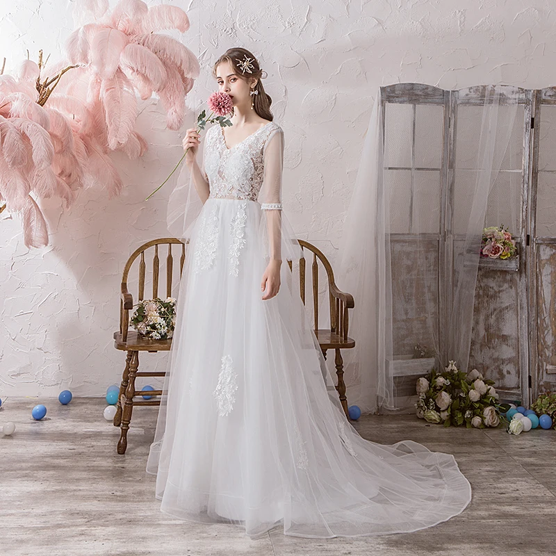 Свадебное платье Mrs Win с v-образным вырезом со шлейфом а-силуэта широким рукавом