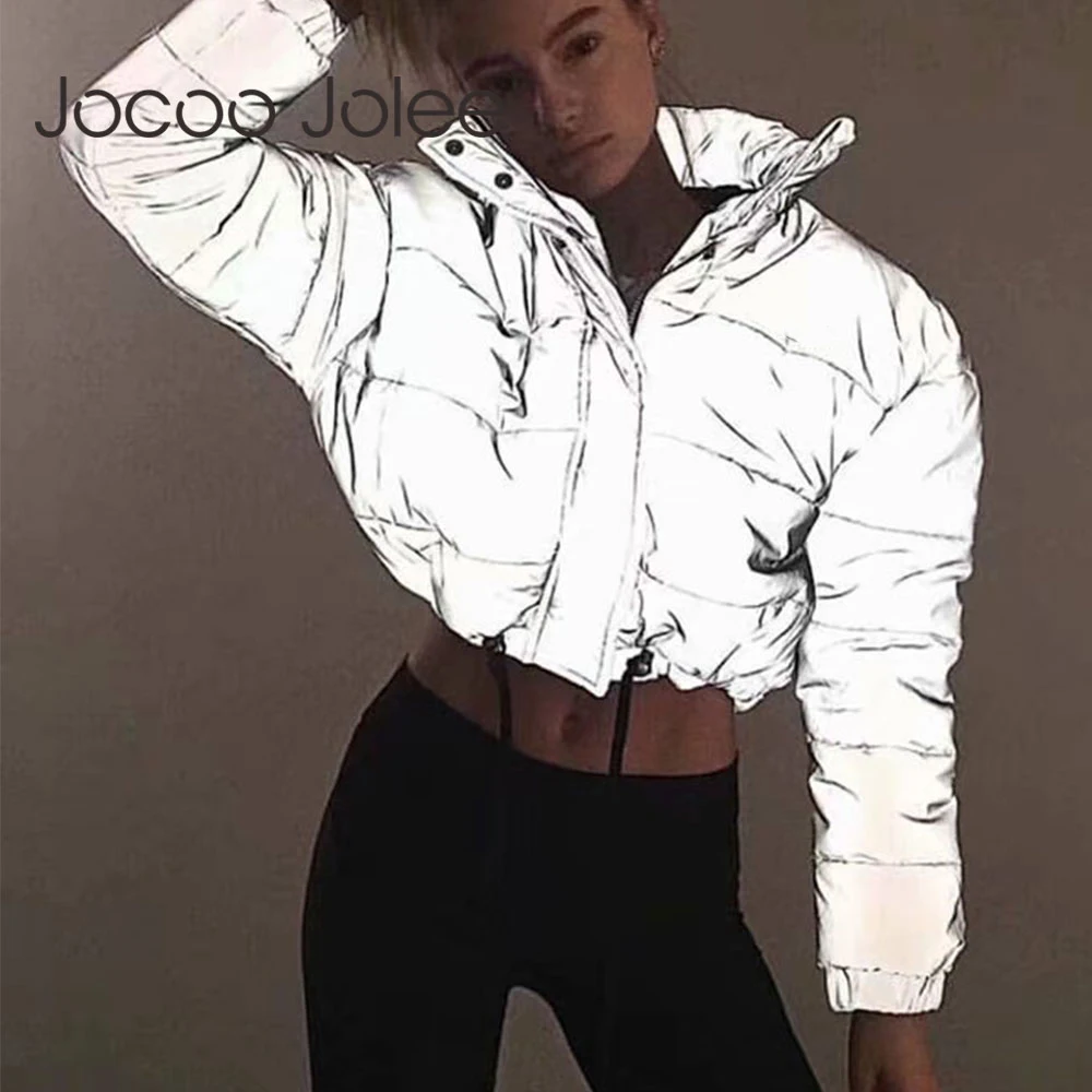 

Jocoo Jolee Women Fashion Night Reflection Jacket Oversized Cotton Cropped Coat Warm Thick Overcoat Loose Zipper Outwear