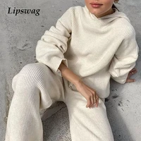 two piece sets women homewear spring rib knitted soft pajamas casual solid loose hooded tops and wide leg pants suit sportswear