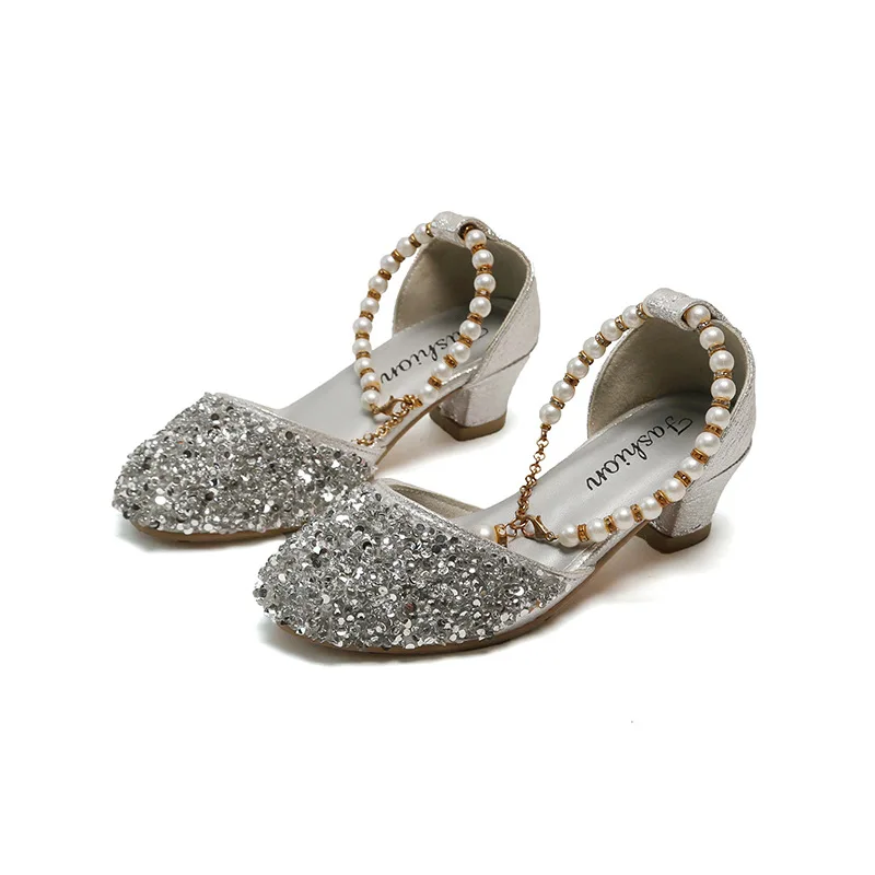 

New Kids Glitter Beading Sandal Summer Shoes For Children Girls With High Heels Princess Sandals 3 4 5 6 7 8 9 10 11 12 Years